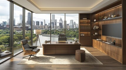 Fototapeta premium Modern office with a city view, featuring sleek furniture and natural light.