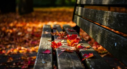 Vibrant autumn leaves covering a park bench in a peaceful setting