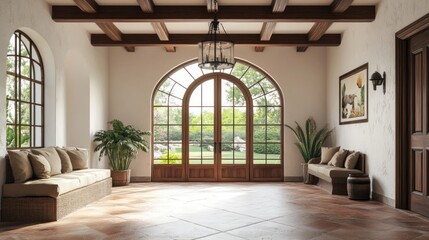 Sunlit entryway with arched doors, terracotta flooring, and wooden beams.