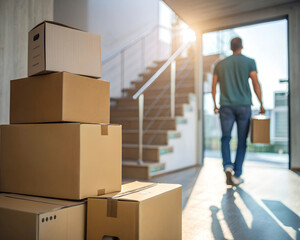 Stacked moving boxes in the foreground, with a blurred man in the background, symbolizing moving day, relocation, or a fresh start in a new home, bright indoor lighting