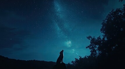 Fototapeta premium Wolf Howling Under Starry Sky with Milky Way Galaxy Background