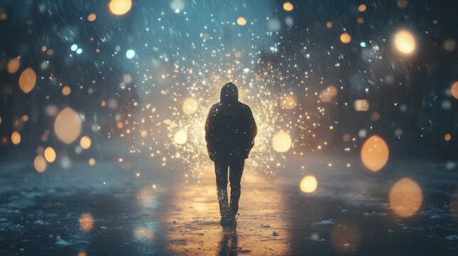 Hombre parado en la lluvia con luces brillantes