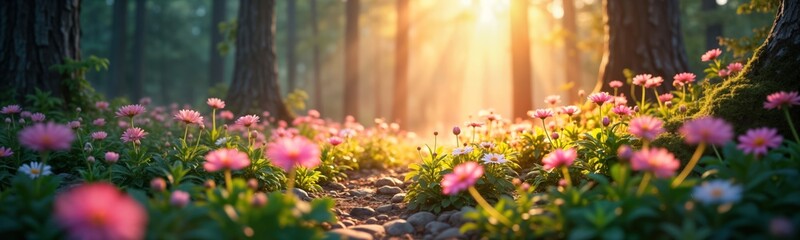 Obraz premium Misty sunlight illuminates fairy wonderland forest. Glowing pink flowers carpet path. Sunlight filters through trees creating magical atmosphere. Beautiful flowers everywhere. Forest path lined with