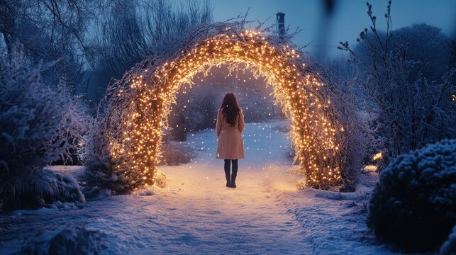 Mujer de pie bajo luces en paisaje nevado