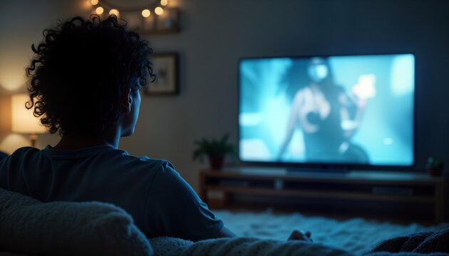 Person engrossed in TV program. Person sits on couch in home. Watching vivid screen. Night time. Media influence. Entertainment overload. Digital addiction.