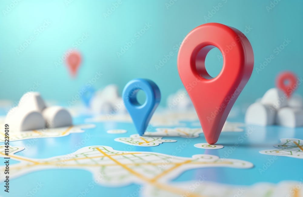 Poster 3d render of navigator app with red, blue location pins on map. modern tech concept for travel, navi