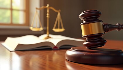 Judge gavel rests on polished wood desk. Legal documents, scales of justice softly visible in background. Law order, judicial authority. Represents legal system. Courtroom setting. Formal atmosphere.