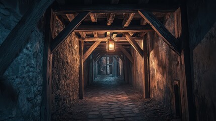 A dramatic capture of a hidden underground tunnel, with wooden beams framing the narrow path and a single lantern casting flickering light. 