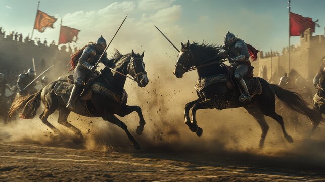 A dramatic action shot of a medieval joust tournament, with two knights on horseback charging toward each other with lances raised. 