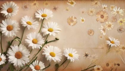 Obraz premium Fresh white daisies with yellow centers bloom against a soft beige background with delicate flower reflections.