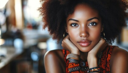 Young woman with curly hair rests her chin on her hands, contemplating in a cozy cafe