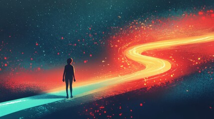Persona caminando por un sendero iluminado en un paisaje abstracto