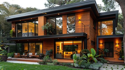 Fototapeta premium Modern wooden house with large windows and lush greenery, showcasing contemporary architecture.