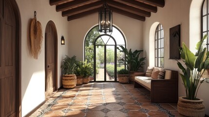 Fototapeta premium Sunlit Spanish-style hallway with arched windows, terracotta tiles, wooden beams, plants, and bench.