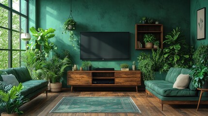 A cozy, green living room featuring plants, a TV, and comfortable seating.
