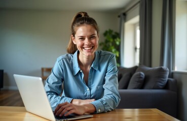 Fototapeta premium Smiling young woman uses laptop at home. Relaxed indoor setting. Modern casual attire. Woman looks happy, connected. Sits comfortably. Looks focused on work study. Home tech use, digital