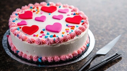 A decorated cake with pink frosting and heart-shaped toppings, perfect for celebrations.
