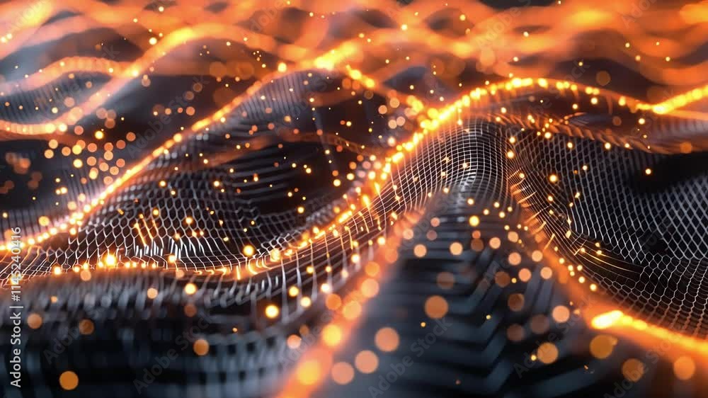 Aufkleber big data flowing like digital lava, with glowing particles and a dark grid, creating a futuristic la