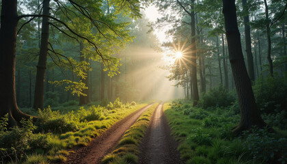 Naklejka premium Sunlit forest path with lush greenery and morning rays.