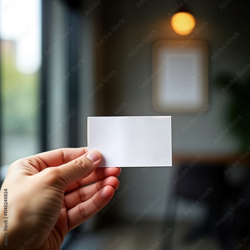 Poster hand holds blank business card in casual setting. blurred background suggests office cafe. potential