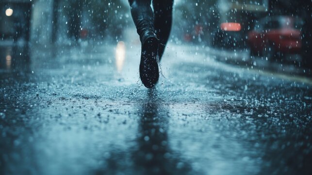 Persona corriendo bajo la lluvia en la calle