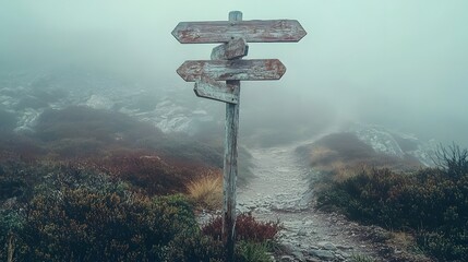A vintage trail post with faded wooden signs pointing in three directions weathered by time against a foggy mountain backdrop.