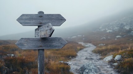 A vintage trail post with faded wooden signs pointing in three directions weathered by time against a foggy mountain backdrop.