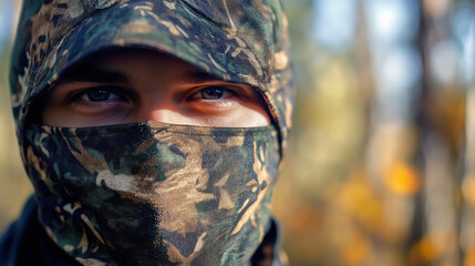 Close-Up Shots of Camouflage Face Masks for Concealment in Outdoor Settings