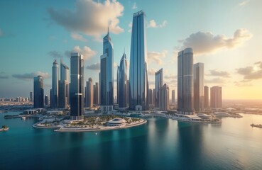 Obraz premium Modern architecture construction of skyscraper in Neom Saudi Arabia. Cityscape with high rise buildings, calm water lagoon. Beautiful sunrise sunset view. Skyscrapers reflect light. Urban landscape.