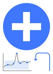 Cross in blue circle fluctuating growth chart, downwards arrow. Ideal for healthcare, analysis, data trends, progress, innovation, medical themes. Line metaphor