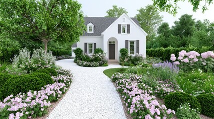 Fototapeta premium Charming white house with landscaped garden and gravel pathway.