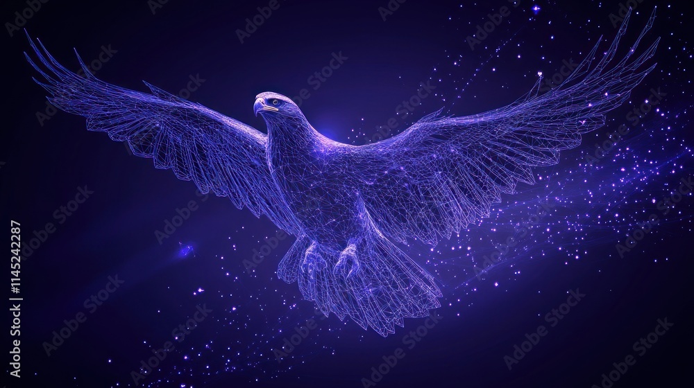 Poster a digital representation of a soaring hawk against a cosmic backdrop.