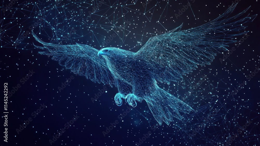 Poster A digital representation of a soaring eagle, composed of interconnected lines and dots.