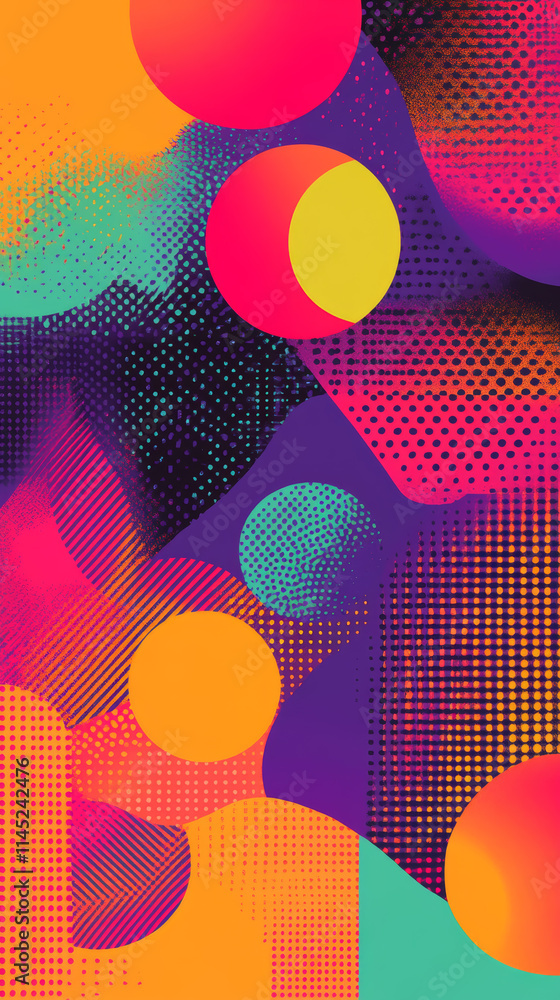 Poster vibrant abstract design featuring colorful geometric shapes and patterns in dynamic arrangement