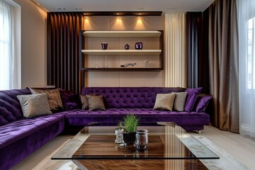 Fototapeta premium stylish display wooden shelf wall in living room with purple and cream elegant panels wall 