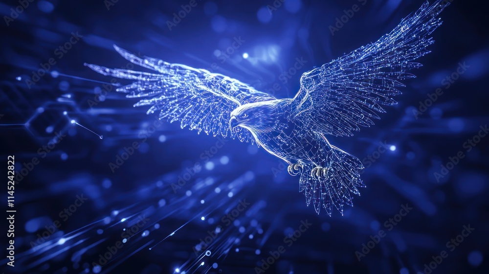 Poster a digital representation of an eagle soaring through a blue, abstract environment.