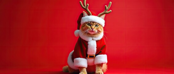 Cat dressed as Santa Claus. Red background.