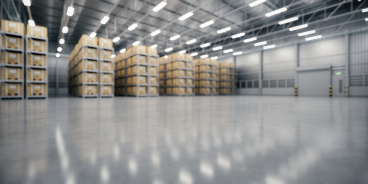 3d rendering blur background of warehouse and concrete floor suit for industrial background.