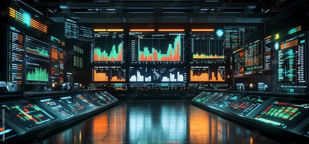 Poster a high-tech control room displaying data analytics and performance metrics.