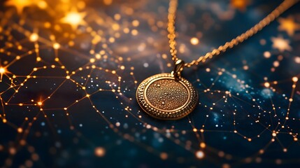 A luxurious necklace with a pin pendant gracefully positioned on a map of constellations.