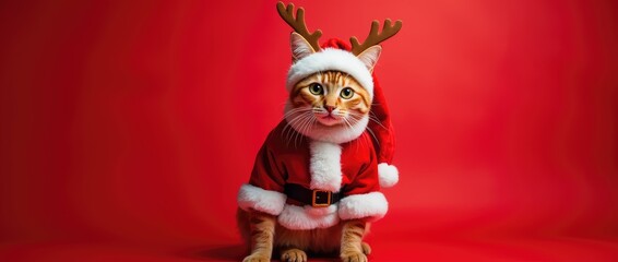 Cat dressed as Santa Claus. Red background.