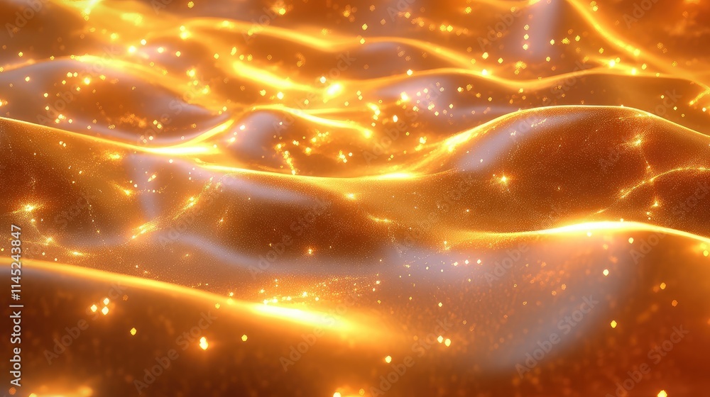 Poster shimmering golden waves with sparkles in soft light texture
