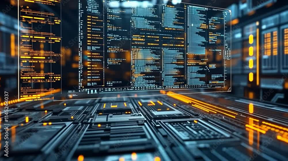 Poster futuristic data processing environment featuring advanced technology and illuminated components