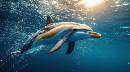 A dolphin swimming gracefully in clear blue water, illuminated by sunlight.