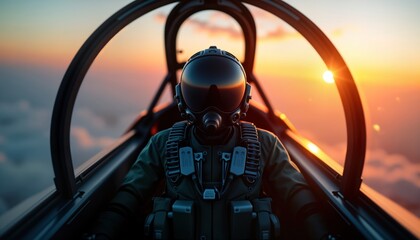 Fototapeta premium Fighter pilot sits in jet cockpit at sunrise. Pilot wears protective gear, helmet. Clouds fill sky below. Jet ready for action. High-tech military aircraft. Powerful aircraft ready for mission.
