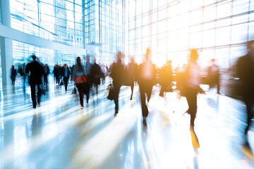 Businesspeople crowd fastmoving in an office lobby background with motion blur