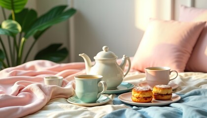 Pastel pink blue yellow green tea set on bed. Afternoon tea party setting with tea cups, saucer, teapot. Cakes, sandwiches served on plates. Cozy, relaxing atmosphere. Floral bed linen. Perfect for