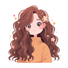 Curly Side Swept Hairstyle – Elegant and Voluminous Curly Hairstyle with Side Swept Look, Trendy Women’s Haircut, Glamorous and Chic Hair Vector Illustration

