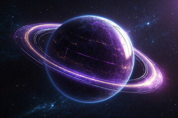 Futuristic purple glass planet with glowing blue energy lines, golden aura, and shimmering space rings