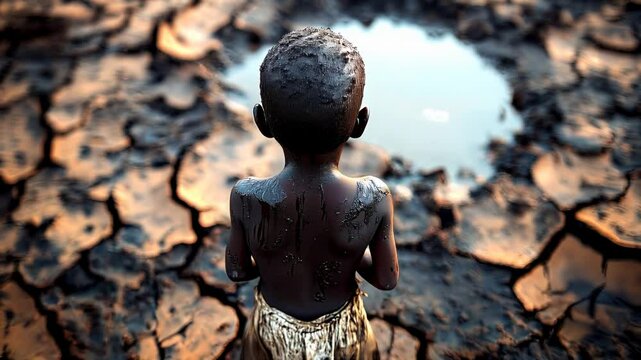 Hungry boy on the dry land. Back view